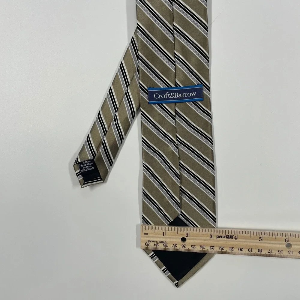 Croft & Barrow Taupe Black White Diagonal Striped Silk Necktie Mens OS